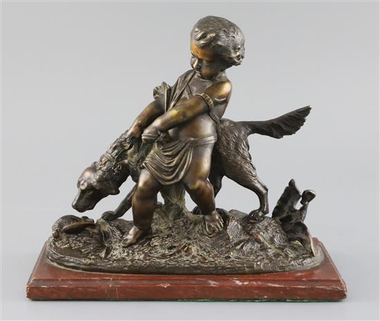Auguste Joseph Peiffer (French, 1832-1886). A bronze group of a putto with a setter, width 9.75in. depth 4.75in. height 8.25in.